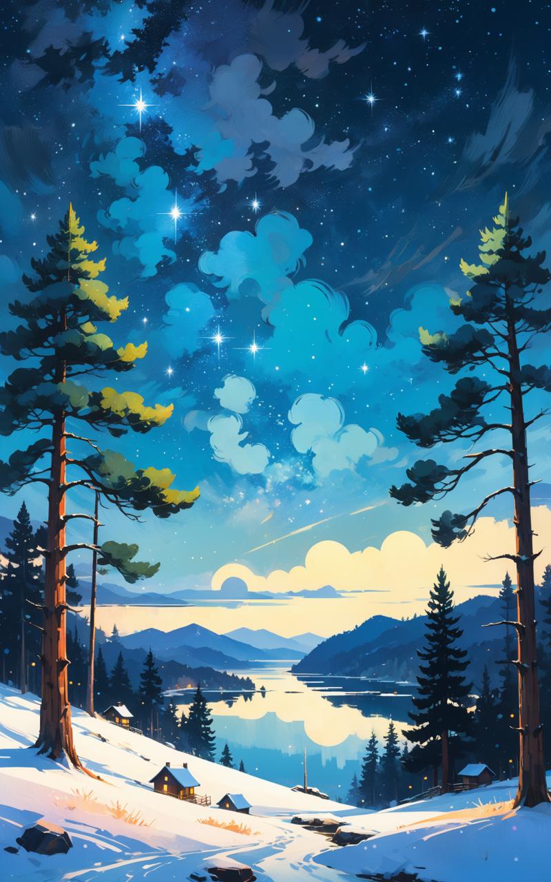 07264-3468236603-flat stylized pine trees, winter landscape with starry night sky and lake, painterly, acrylic painting, trending on pixiv fanbox.png